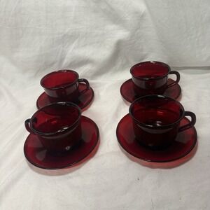 4 Arcocor France Ruby Red Glass Tea Coffee Cups & Saucers New Retro Christmas
